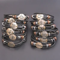 12pcs leather 12 zodiac bracelets for women men bracelet set constellations wood bead vintage jewelry wholesale bracelets bangle