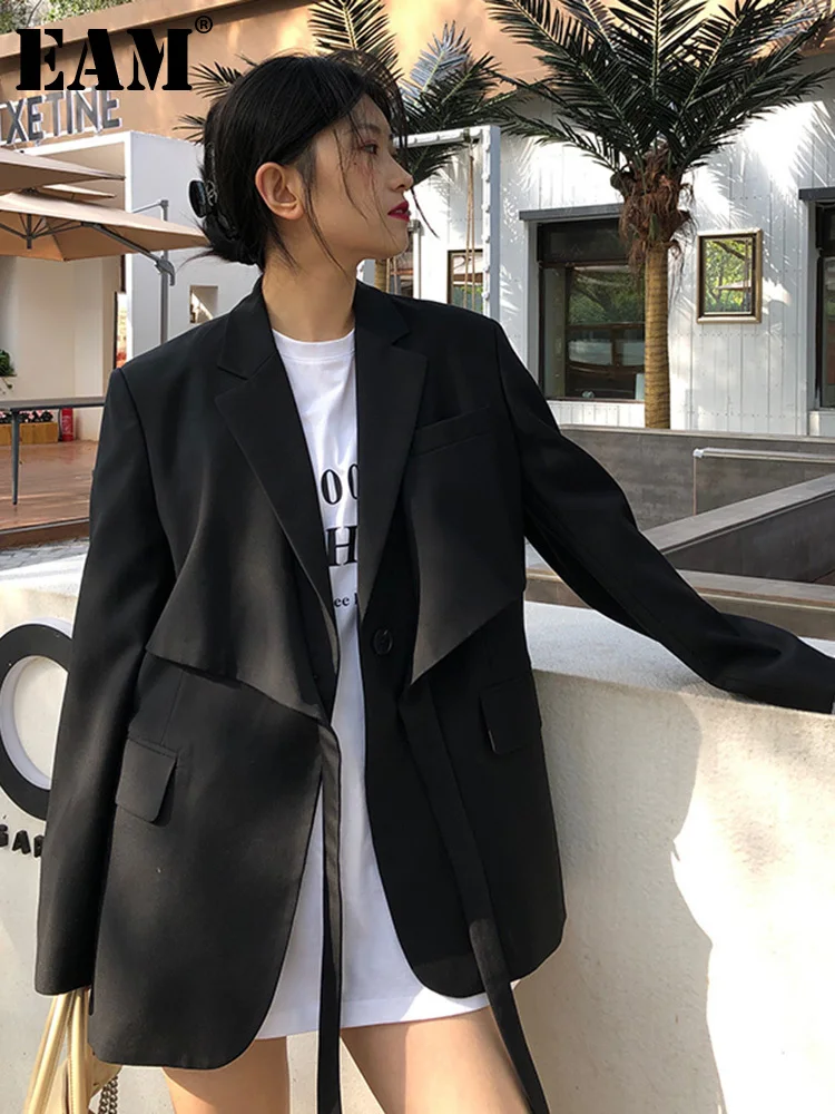 [EAM] Black Irregular Bandage Women Blazer New Lapel Long Sleeve Loose Fit  Jacket Fashion Tide Spring Autumn 2023 1DD6460