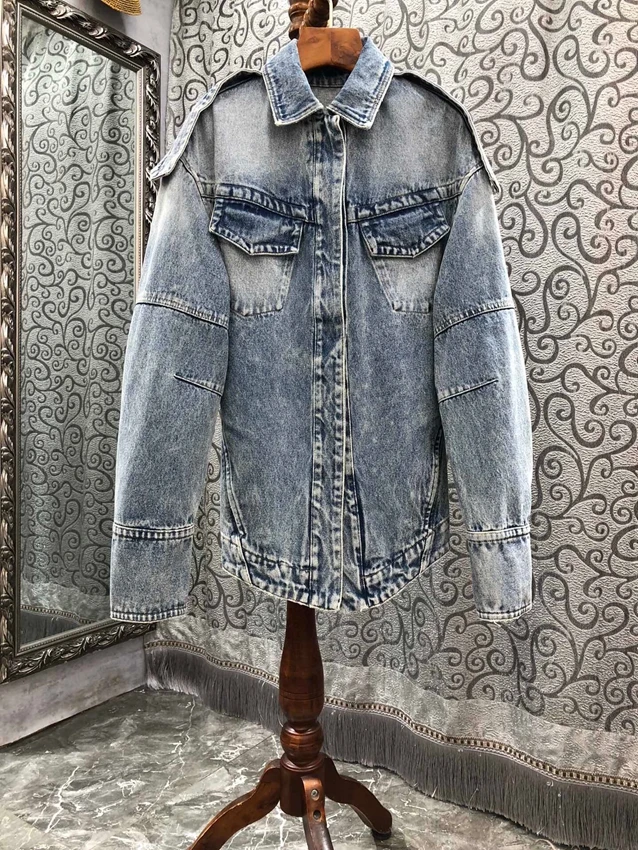 

2022 new women fashion high quality long sleeve lapel front long back short grinding white all-match denim jacket 825