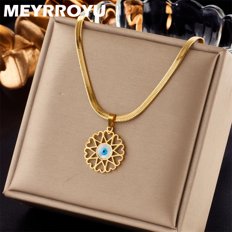 

MEYRROYU 316L Stainless Steel New Blue Eyes Hollow Pendant Snake Chain Necklace For Women Party Gift Bijoux Acier Inoxidable