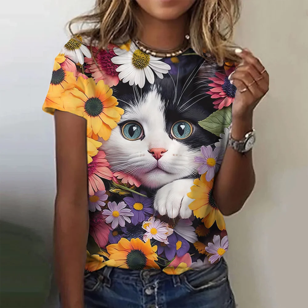 

Футболка женская оверсайз с коротким рукавом, модный смешной топ с 3D-принтом кота, эстетичная рубашка, Y2k