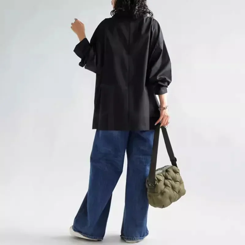 2024 новые черные свободные футболки с длинными рукавами и высоким воротом топы