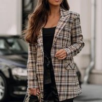 plaid women chic office lady single breasted blazer vintage coat fashion notched collar long sleeve ladie outerwear stylish tops