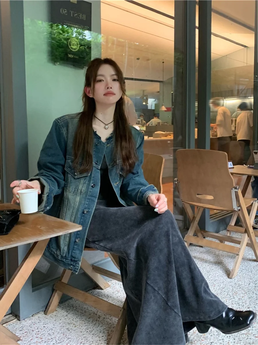 R Studio корейская серия Idle Sle ретро стираная верхняя одежда джинсовое облегающее