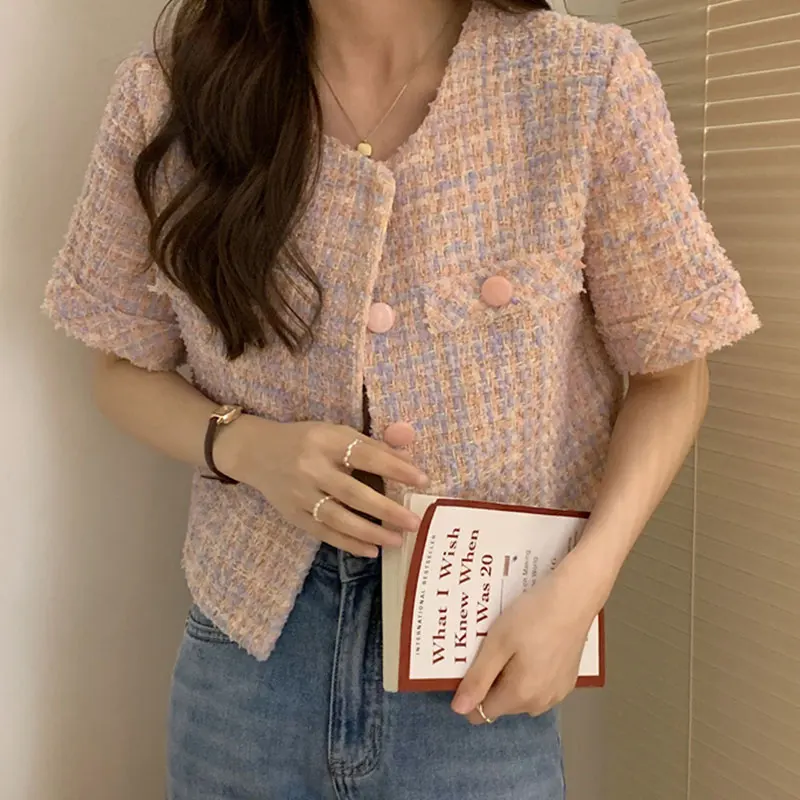 

Pink Tweed Jacket Luxury Women Cropped Jacket 2023 Summer Round Neck Short Sleeve Tartan Jacket Korean Loose Yellow Tweed Jacket