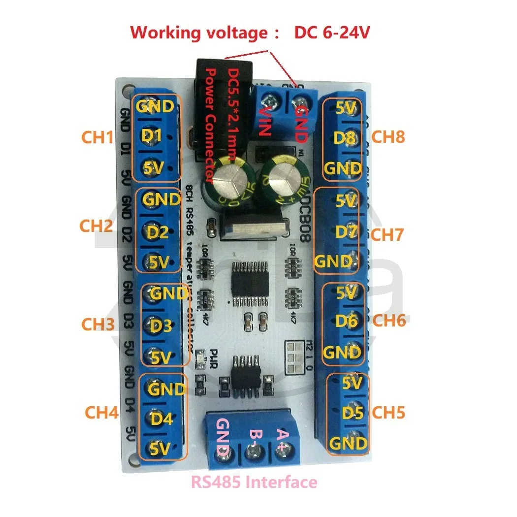Фото 8-канальная плата датчика RS485 DS18B20 MODBUS RTU для безбумажного регистратора PLC R4DCB08 №3