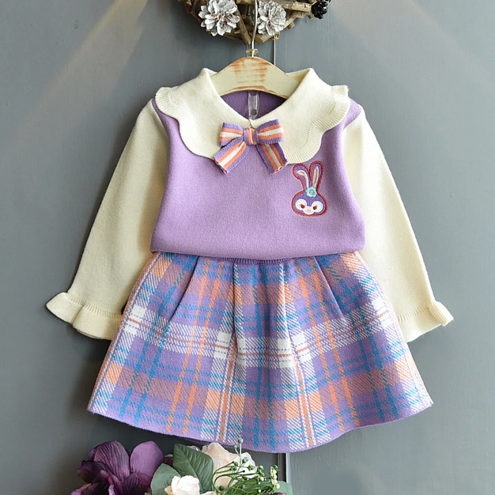 

Girls Boutique Outfits Spring Autumn Winter Knitted Sweater + Plaid Skirt 2 Pieces Christmas Children Clothing Sets