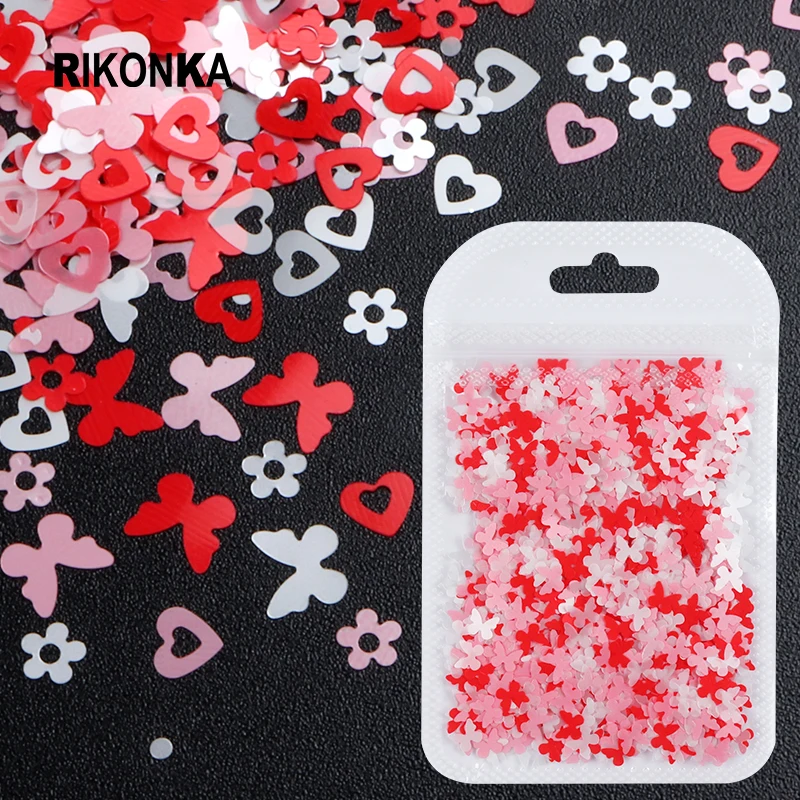 

Mixed Hot Pink Valentines Love Heart Nail Sequin Butterfly Flower 3D Glitter Flakes For Manicure Spring DIY Nail Art Decorations