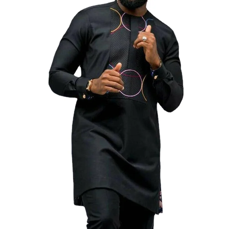 Abaya Muslim Men's Clothing Casual Black Shirt Long-sleeve Printed T-shirt African Men Fashion Slim Dashiki Tops Male 2022 Fall