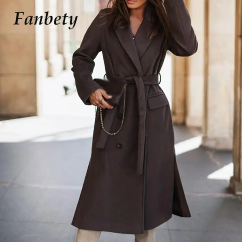 

Женское Однотонное шерстяное пальто, элегантное двубортное пальто на шнуровке с отложным воротником, верхняя одежда, осень-зима 2023