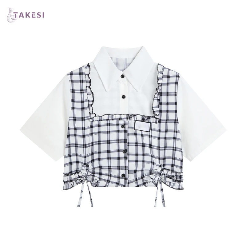 Fake Two Piece Plaid Shirt Women Patchwork Turtleneck Turn-down Collar Summer Casual Lady Short Sleeves Female Loose Blouse Tops