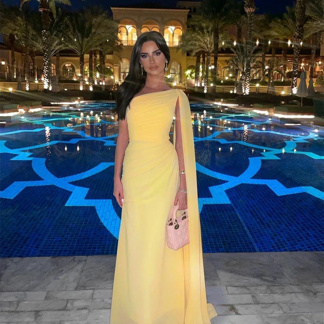 

Элегантное желтое шифоновое вечернее платье-Русалка с одним открытым плечом и накидкой, плиссированное платье-футляр на молнии с застежкой-молнией сзади в арабском стиле, платье для выпускного вечера, 2023