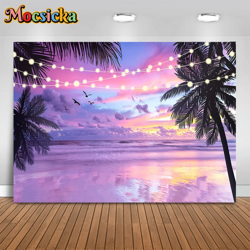 

Mocsicka Summer Photography Background Purple Sky Clouds Palm Tree Decor Backdrop Holiday Birthday Party Kids Photo Studio