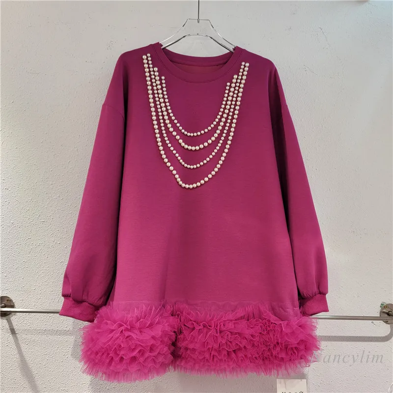 

European Fashion Oversized Pullovers Sweatshirts for Women 2023 Autumn New Stitching Mesh Edge Beaded Loose Sweatershirt Top