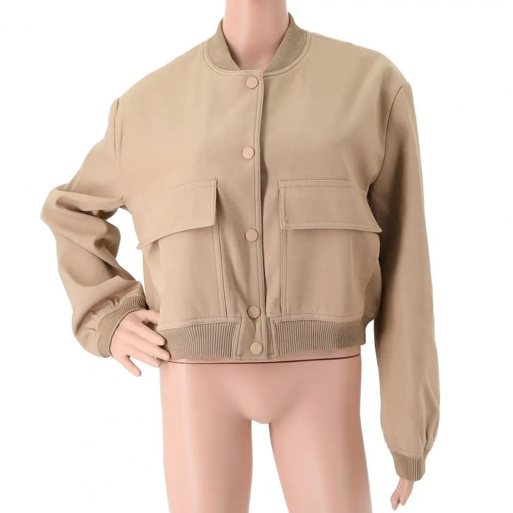 

Women's Casual Jacket Long Sleeve Stand Collar Solid Color Button Big Pocket Short Women's Short AviatorS1 Jacket