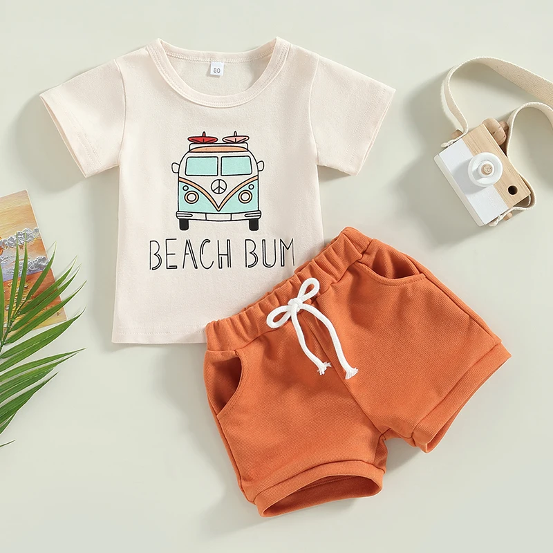 Toddler Baby Boy Beach Clothes Short Sleeve Bus Print T-Shirt Pocket Shorts Set