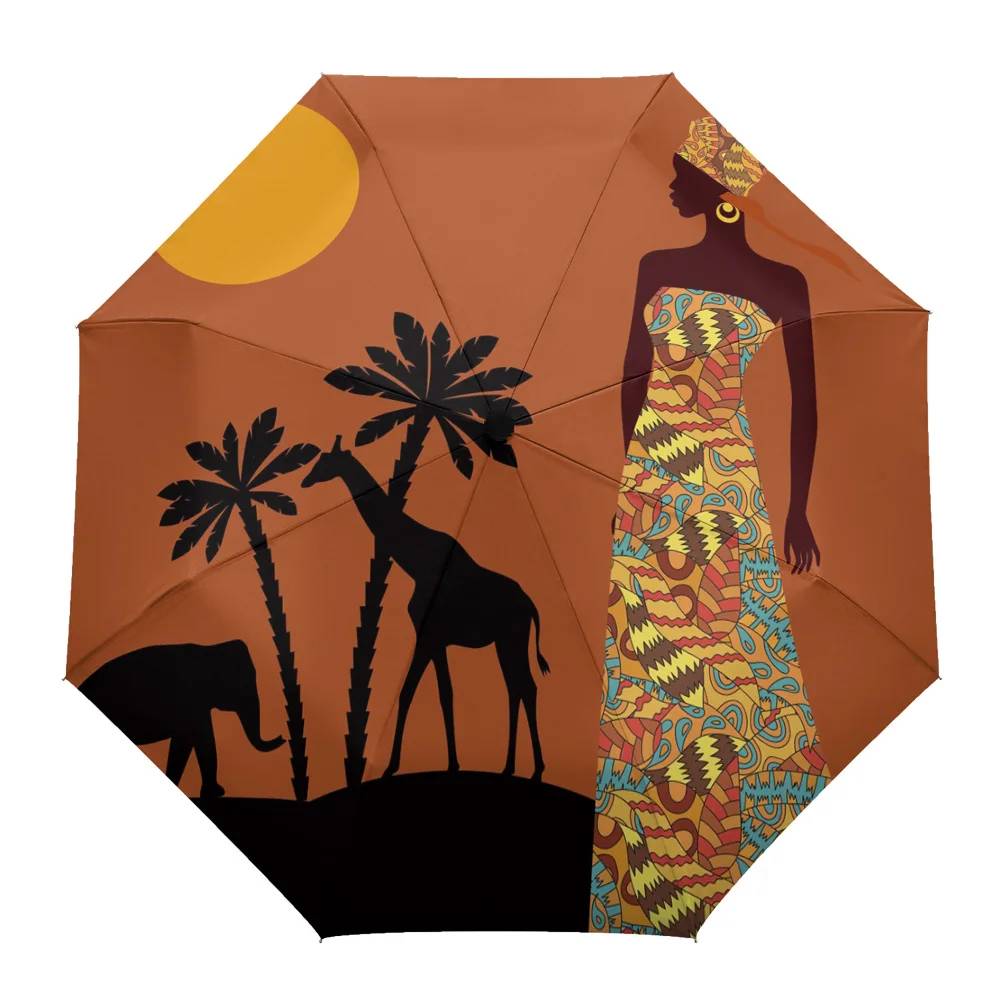 

African Woman Plant Giraffe Elephant Ethnic Custom Automatic Umbrellas for Women Male Windproof Folding Rain Umbrella Parasol