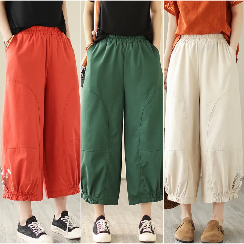 Loose Cotton Elastic Waist Embroidery Pockets Wide Leg Trousers Vintage Print Casual Pants for Women Summer 2023 Fashion New