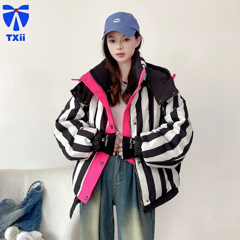 Высококачественный стильный полосатый женский короткий пуховик с капюшоном North