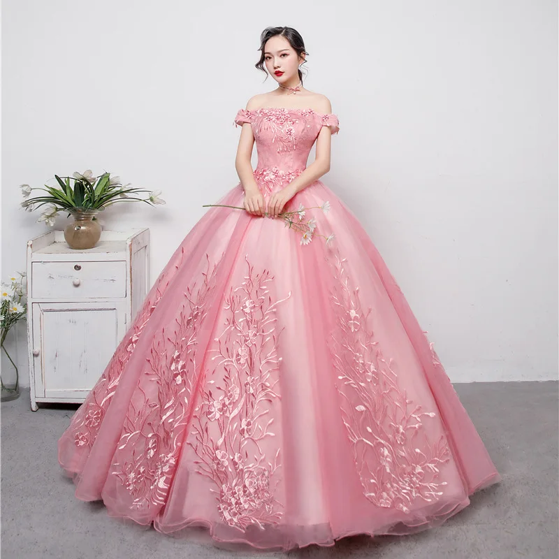 

Pink Quinceanera Dresses New Off The Shoulder Sweet Applique Puffy Dresses For Prom Exquisite Elegant Long Ball Gown Dress