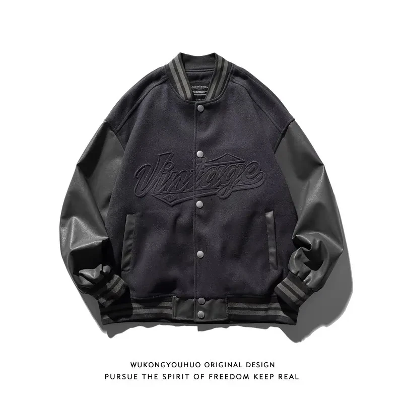

Ins American Japanese Street PU Leather Splice Baseball Jersey Men's Fashion Retro Loose Couple Casual Versatile Coat