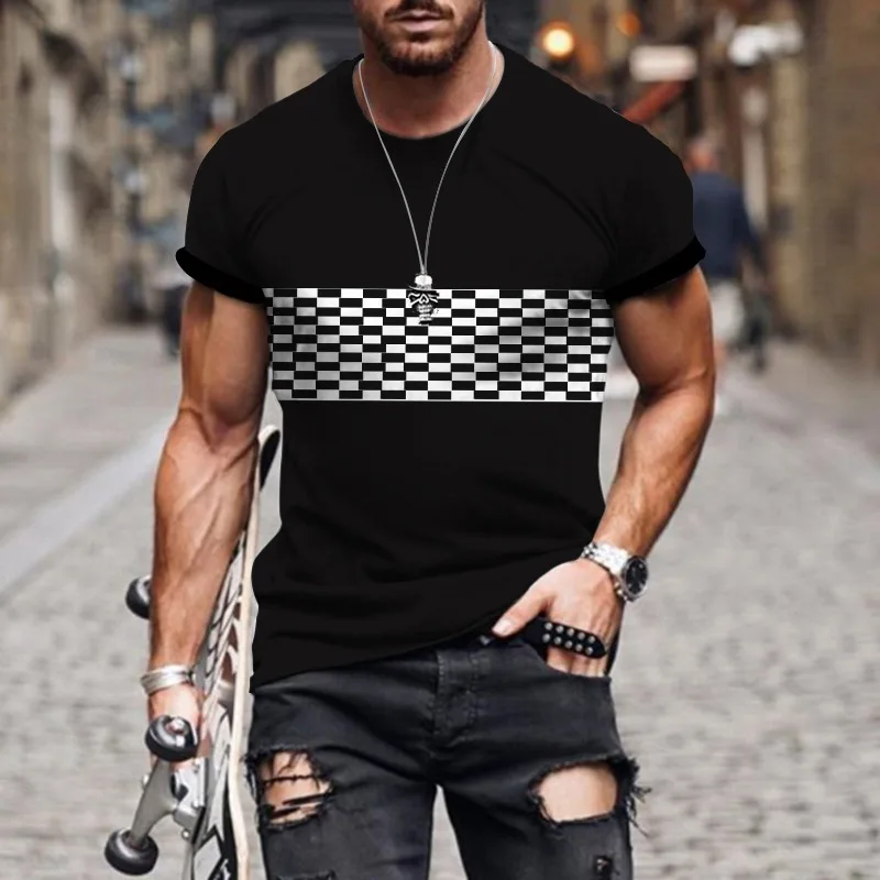 

Summer men's 3D printed T-shirt, striped plaid, high-quality, breathable, super top, fashionable casual round neck large