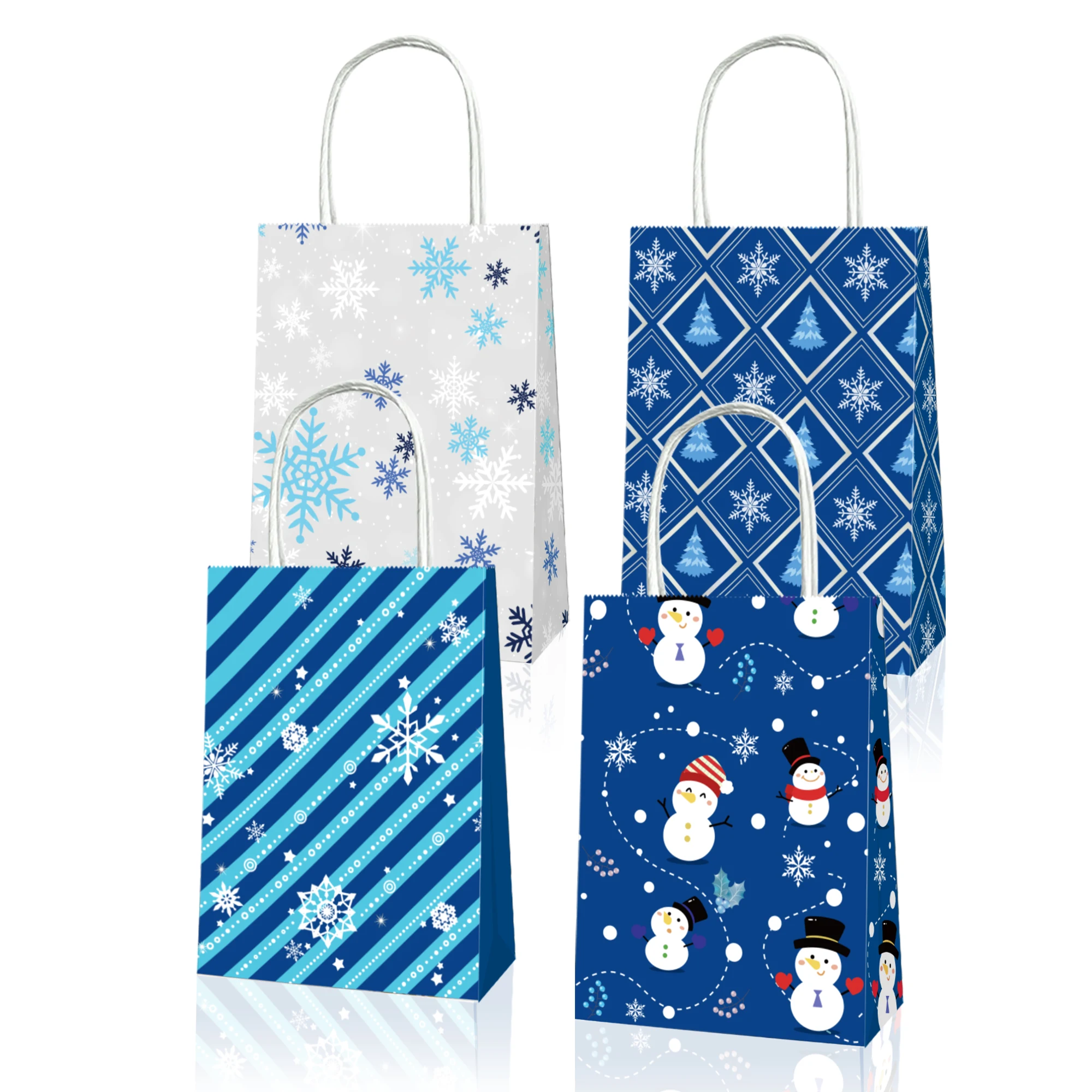 

BD090 12Pcs Cartoon Christmas Winter Snowflakes Kraft Paper Tote Bag with Handles Baby Shower Birthday Party Candy Shopping Bags