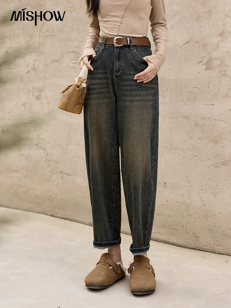 Джинсы MISHOW в стиле ретро с высокой талией зима 2024 корейские свободные