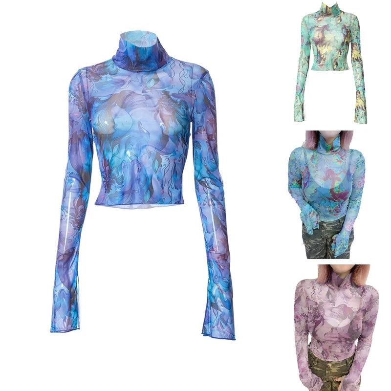 Женская сетчатая водолазка разноцветный прозрачный пуловер с абстрактным