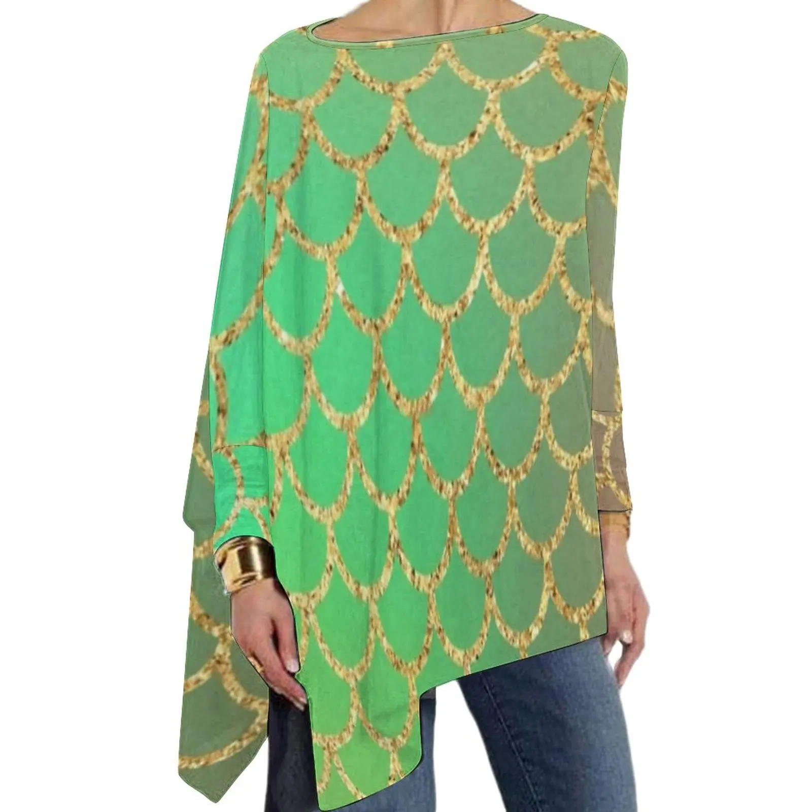 

Футболка с изображением сказочной русалки, уличная мода с золотым блестящим принтом, футболки с длинным рукавом, модная футболка на заказ, ж...