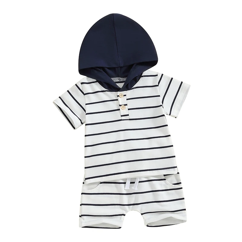

Baby Boy Summer Clothes Stripe Print Short Sleeve Hood T-Shirt Top Elastic Waist Short 2Pcs Toddler Baby Gift Outfit