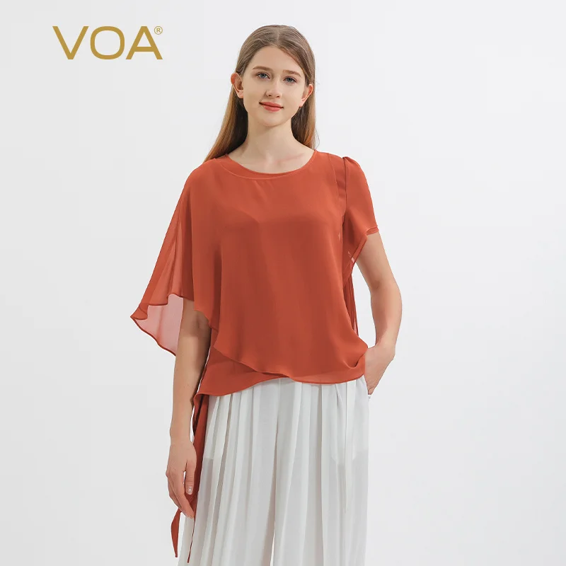 

VOA 30 Momme Heavyweight Mulberry Silk Round Neck Stitching Georgette Silk Fake Two-piece Ruffled Short-sleeved T-shirt BE1083