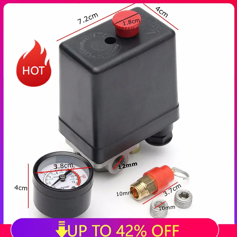 

Однофазный воздушный компрессор BSP, 1/4 дюйма, 4 порта, 12 бар, реле давления 0-175 PSI, предохранительный клапан, датчик давления