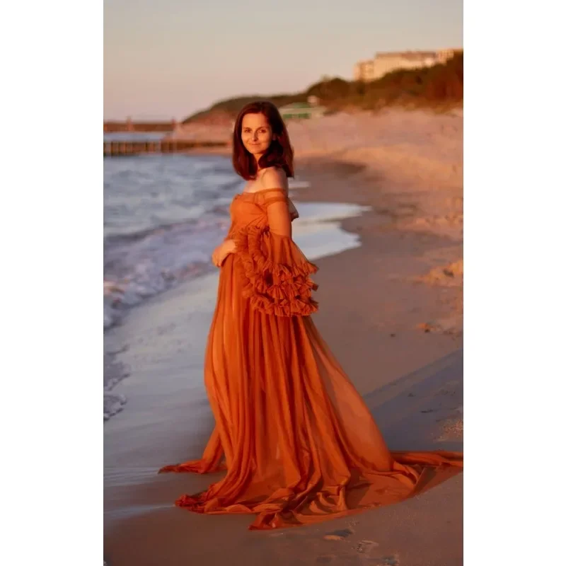 Платье для беременных серое длинное Тюлевое с шлейфом