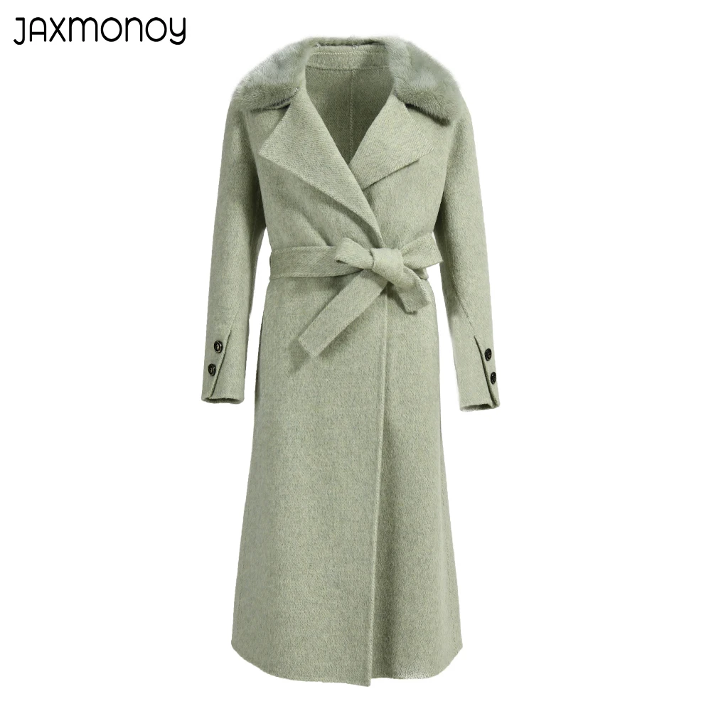 

Jaxmonoy Woman High-End Cashmere Coat Mink Fur Collar Solid Belt Slim Elegant Trench Ladies Autumn Winter Warm Outerwear Female