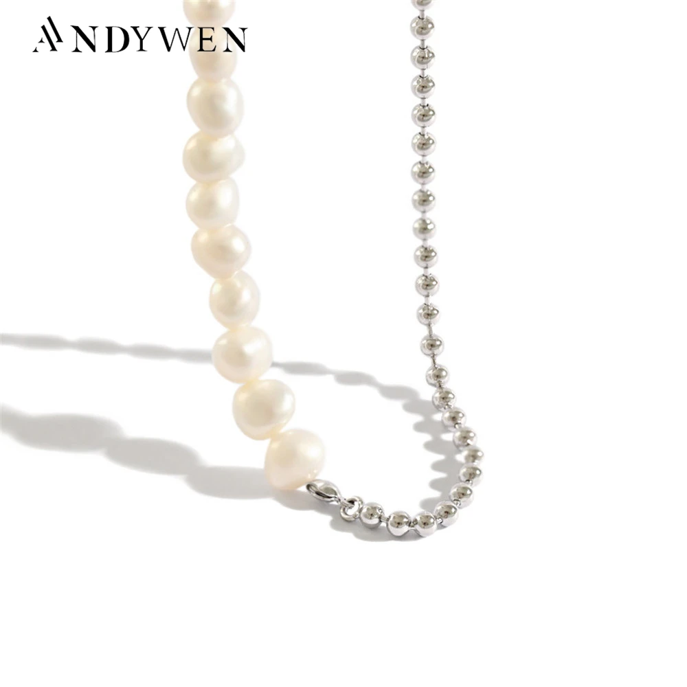 

ANDYWEN 925 Sterling Silver Pearl Irregular Beads Chain Long Chain Necklace Choker Women Rock Punk Party Big Pearl Women Jewelry
