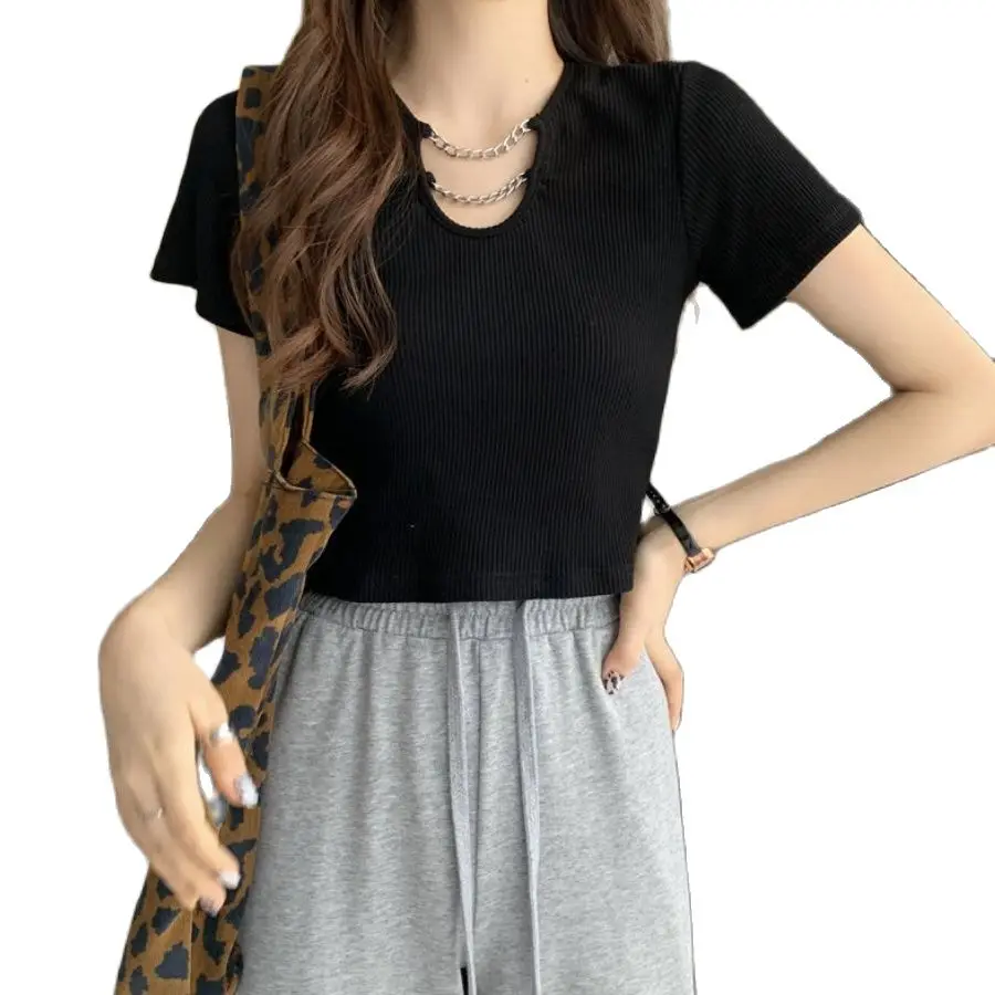 

2022 Short T-shirt Women's Korean Short Sleeve Top Summer Design Instagram Wear a High Waist Slim Sweet Spice Girl Wind