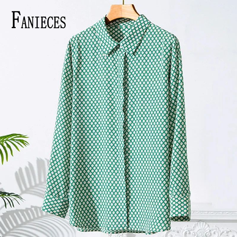 

FANIECES Blusas Mujer Elegantes Y Juveniles Print Green Women Shirt Lapel Long Sleeve Slim Blouse roupas femininas frete grátis