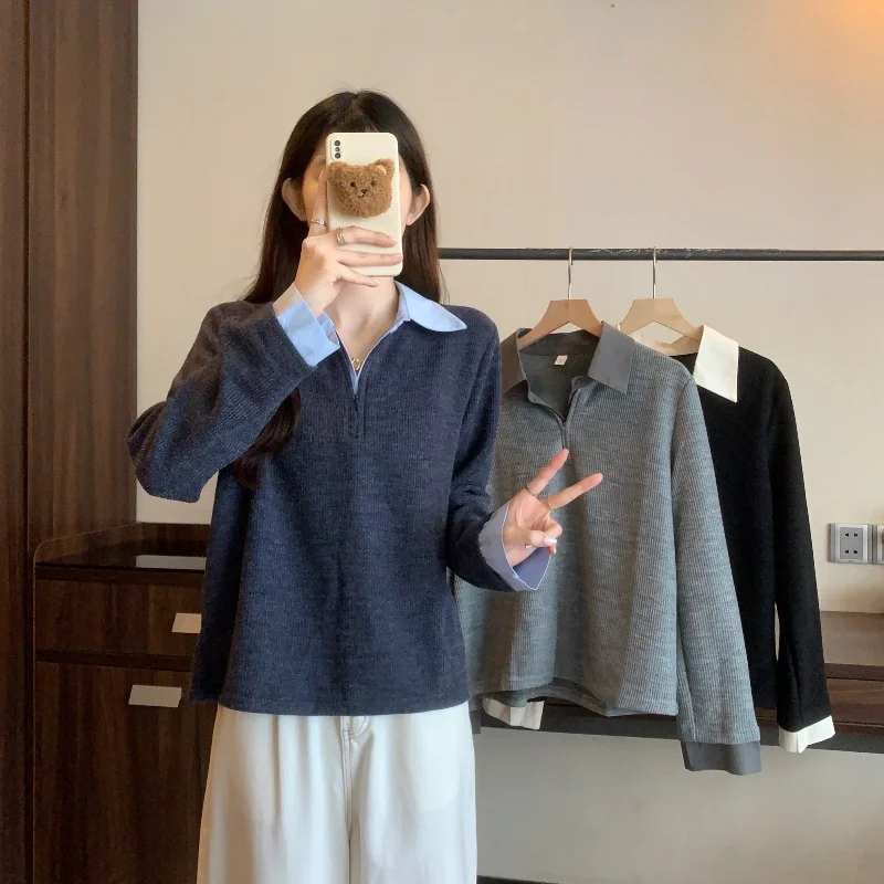 Женская одежда больших размеров корейский топ из двух предметов в стиле пэчворк