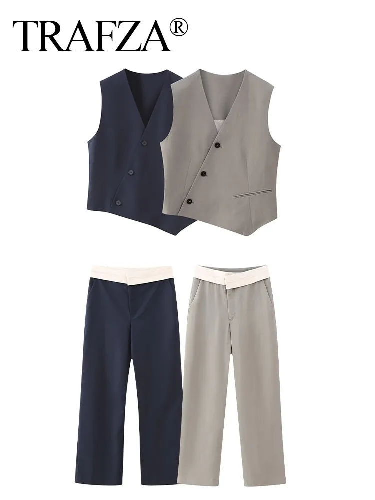 

Breasted Vest+Casual High Waist Loose Tousers Two Piece Set Autumn Female Solid Pants Suit Asymmetric Sleeveless Single