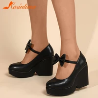popular new mary janes pumps chunky high heels black patent bow knot platform round toe women pumps ol lady shoes big size 35 43