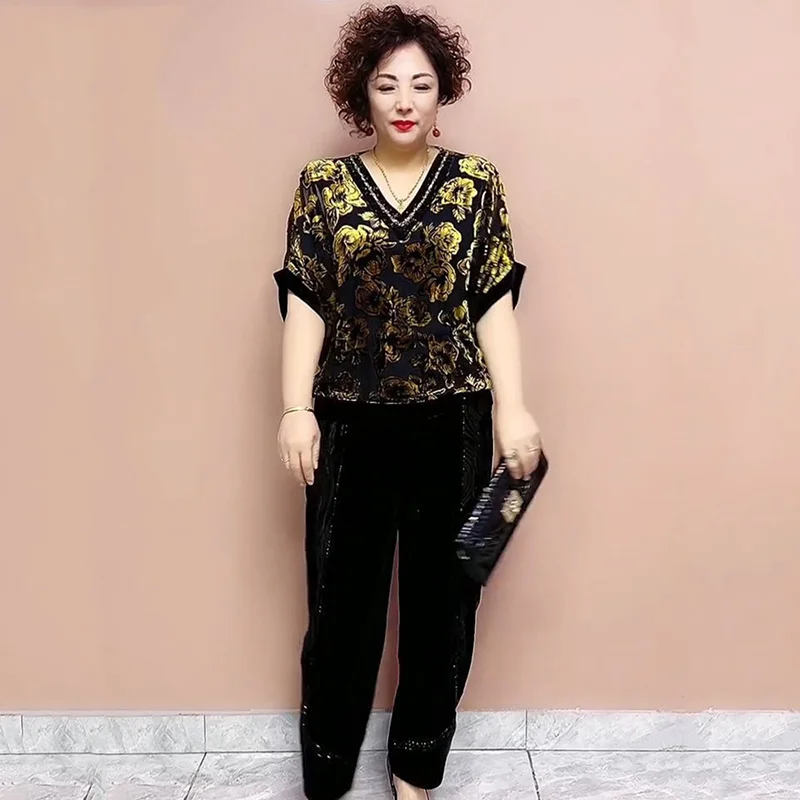 Элегантный костюм из двух частей для женщин Свободный с принтом V-образный вырез