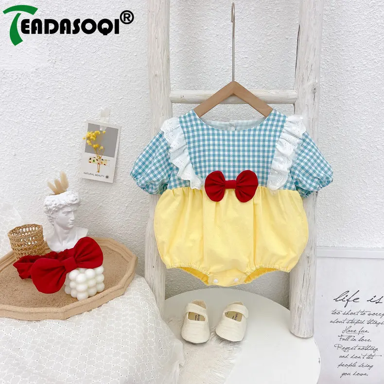 

New In Gift Headbands - Outdoor Summer Wear 0-24M Newborn Baby Girls Patchwork Plaid One-Piece Bodysuits Ruched Bow Accents