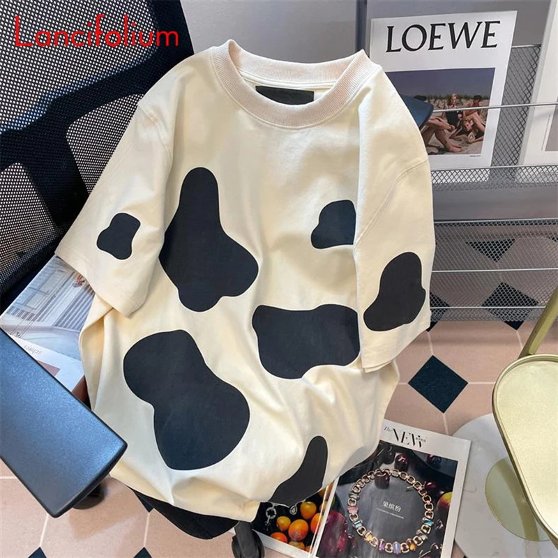 

Cow Print Oversized Tee Vintage Korean Kawaii Tshirts Oneck Short Sleeve Y2k Harajuku Chic Streetwear T Shirt Top Women 2023