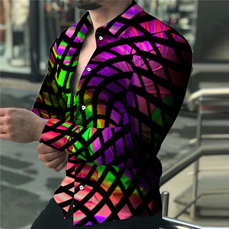 

Fashion Lapel Shirt Men Cross Color Stripes Purple Blue Casual Sports Party Comfortable Quality Material Spring Summer New