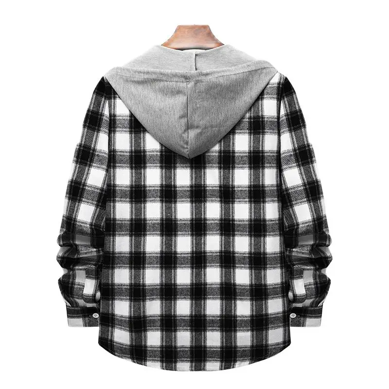 Parklees Black Whited Plaid Hooded Shirt Men 2023 Spring Fashion New Long Sleeve Cotton Checked Shirts Loose Casual Hoodies Top