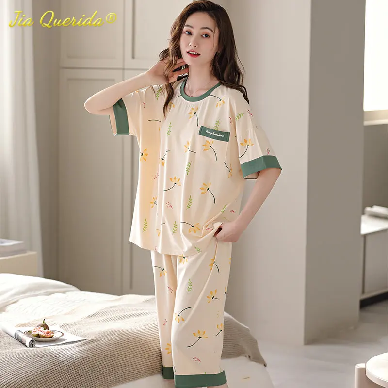 

M-5XL Cool Modal Woman's Pajamas Set Summer Plus Size Calf-length Pijamas Casual Knee-length Homesuits Womens Capris Sleepwear