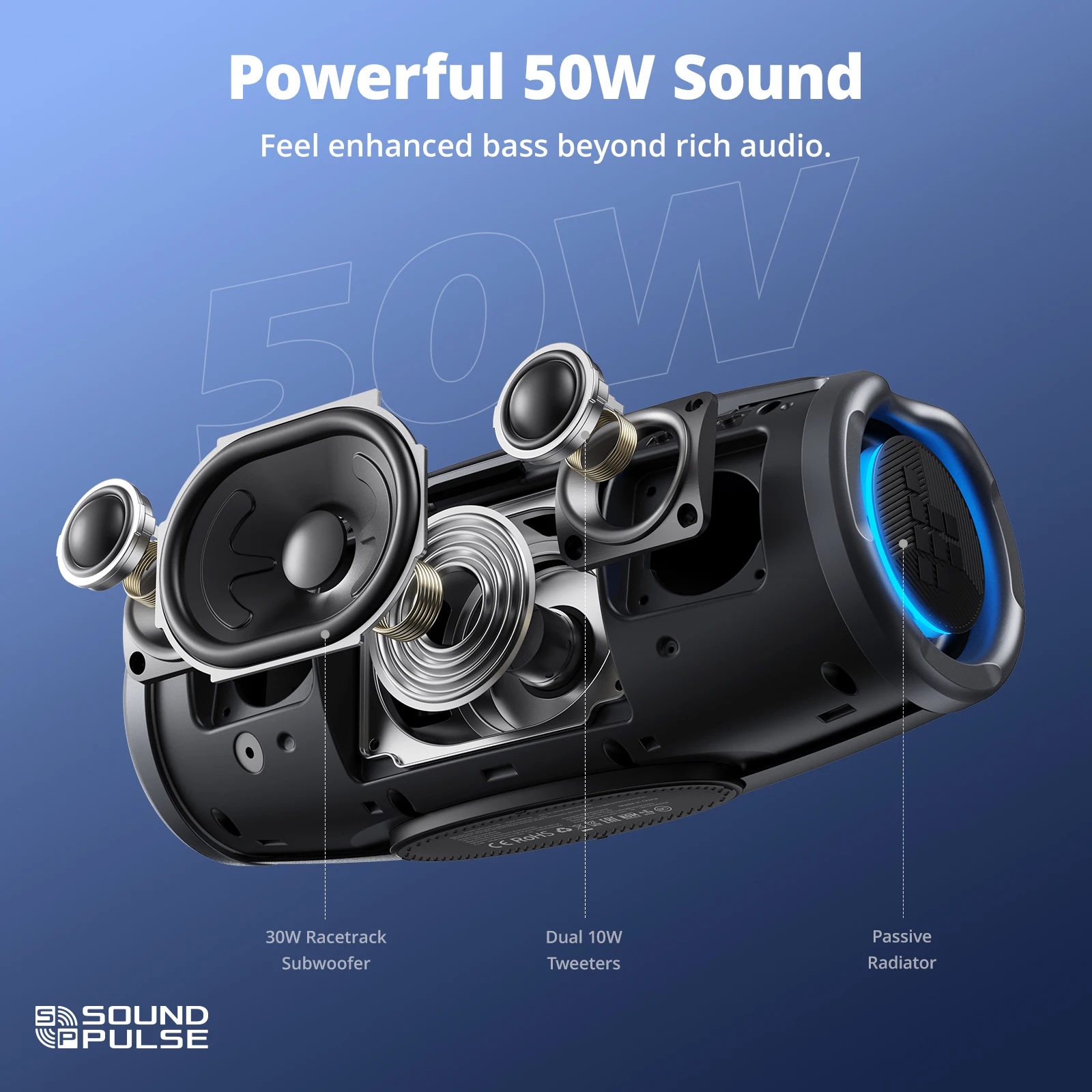 Фото Динамик Tronsmart Mirtune S100 Мощный Bluetooth-динамик мощностью 50 Вт, водонепроницаемость IPX7, выдвижная ручка, встроенный внешний аккумулятор №2