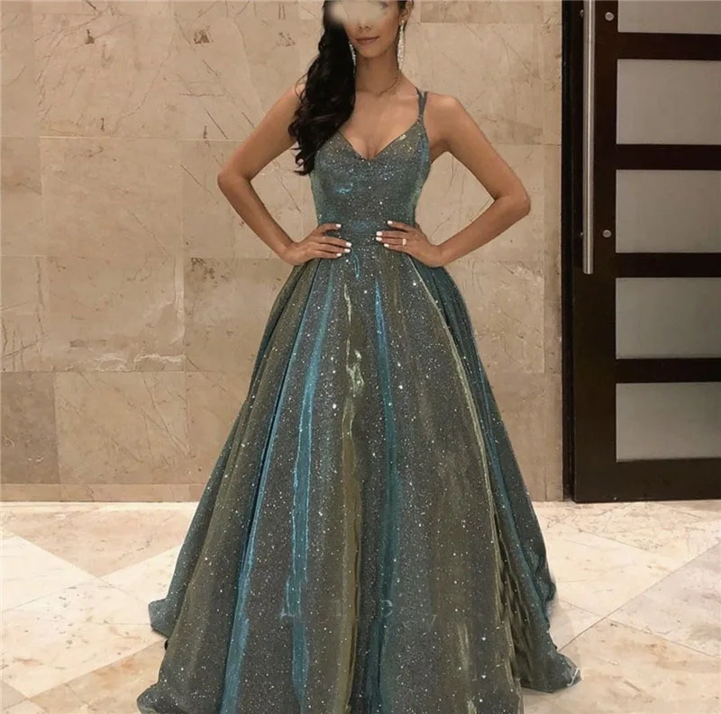 

Cross Strap Evening Dresses Royal Blue Shining Luxurious Organza Party Dress