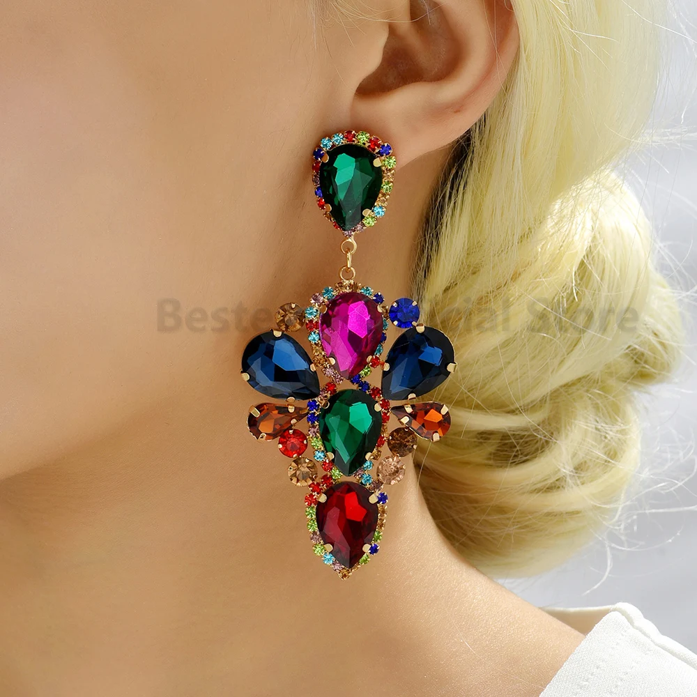 

Colorful Large Vintage Drop Dangle Earrings For Women Trend Luxury Quality Shiny Rhinestones Ear Ring Girl Party Fashion Jewelry
